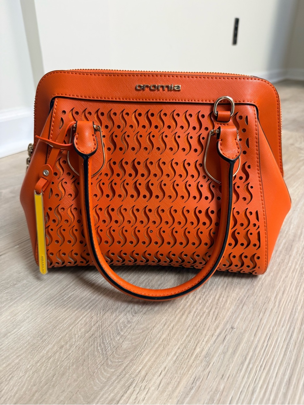 Cromia Orange Perforated Leather Italian Bag - Picture 5 of 7